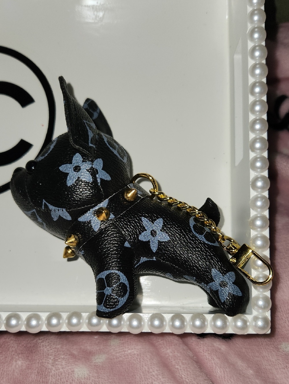 Black & Light Blue Designer-Style Dog Keychain Charm
